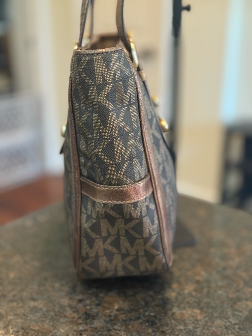 Vintage Michael Kors Brown & Gold Logo Tote with Snake-Print Center - Picture 4 of 13